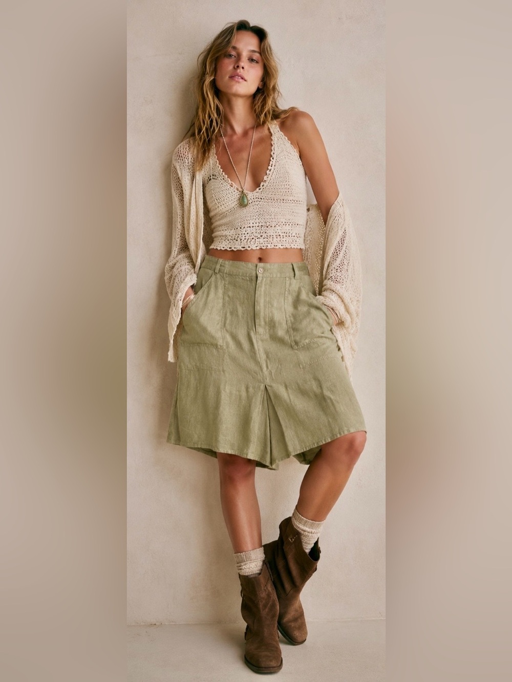 100% Hemp Casual A-Line Skirt in Olive Green